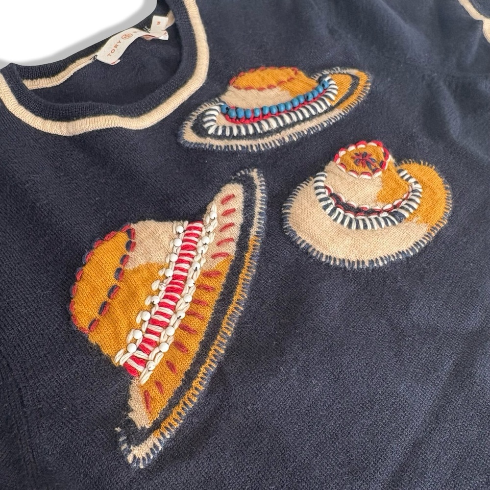 Tory Burch 100% Merino Wool Navy Hand Embroidered Beaded Sunhat Print Sweater M - Picture 9 of 15